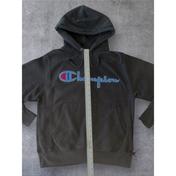 Vtg Champion Reverse Weave Black Hoodie SZ S Spell Out Faded Sweater Destroyed - Picture 5 of 11